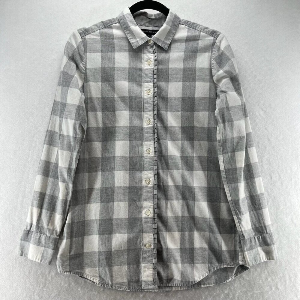 Banana Republic Shirt Womens Size S Buffalo Check Button Front Long Sleeve Gray